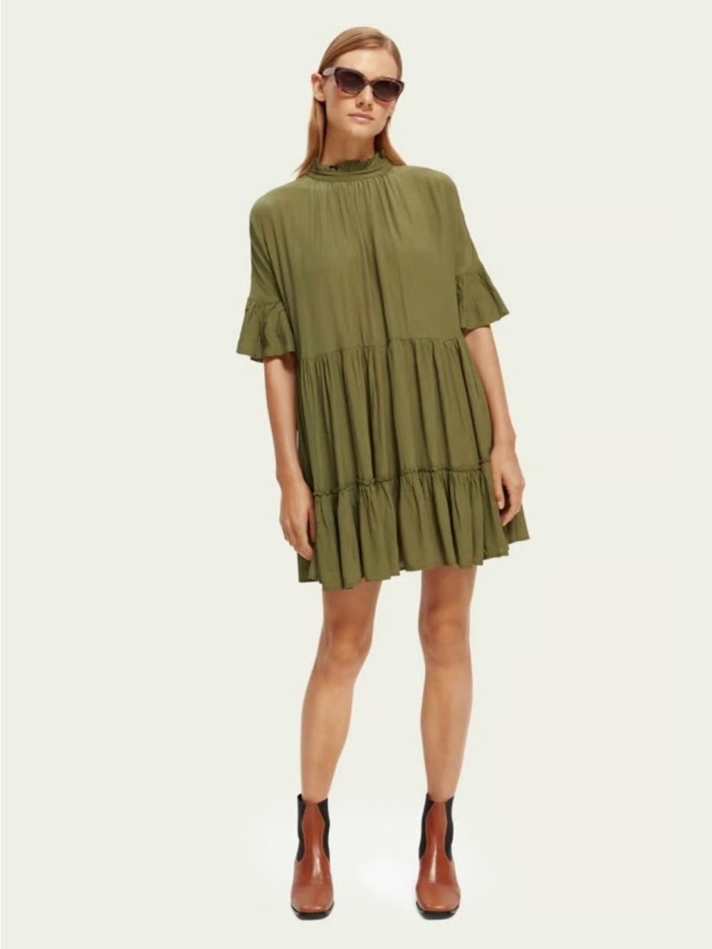Scotch & Soda Olive Green Ruffle Tiered Babydoll Mini Dress w/Pockets Size 36/S